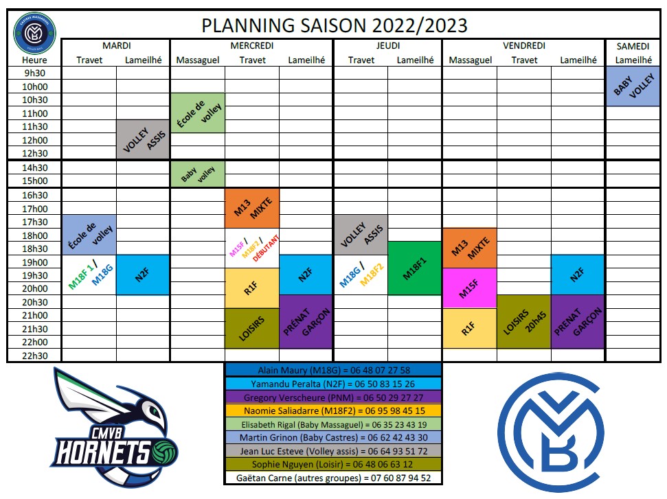 Planning d'entraînements saison 2022-2023