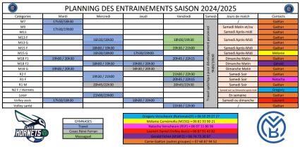 Planning général entraînements